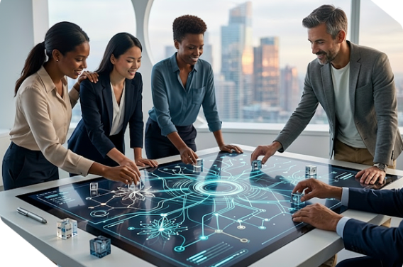 corporate-team-collaborating-digital-table